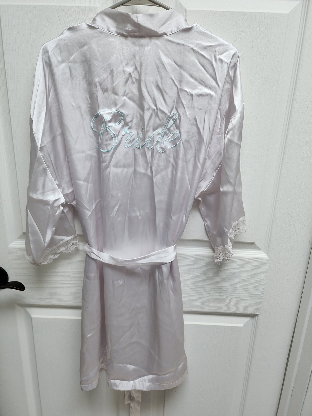 Apt. 9 Satin Bride Robe in White with Blue Script